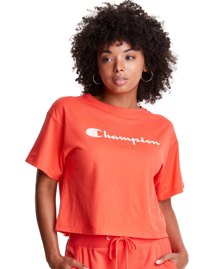 Champion Womens T-Shirt NZ - Cropped Script Logo Orange ( 3167-AYOLR )